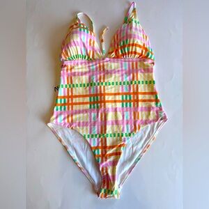 Vero Moda Women's Large One‎ Piece Swimsuit Plaid Dea Print White Full Coverage